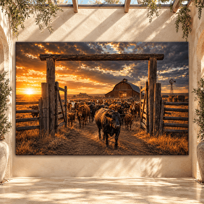 Black Bull Leading Cattle Through Ranch Gate Wrapped Canvas Wall Art – Western Barn Sunset Landscape - ART OF ROYALS