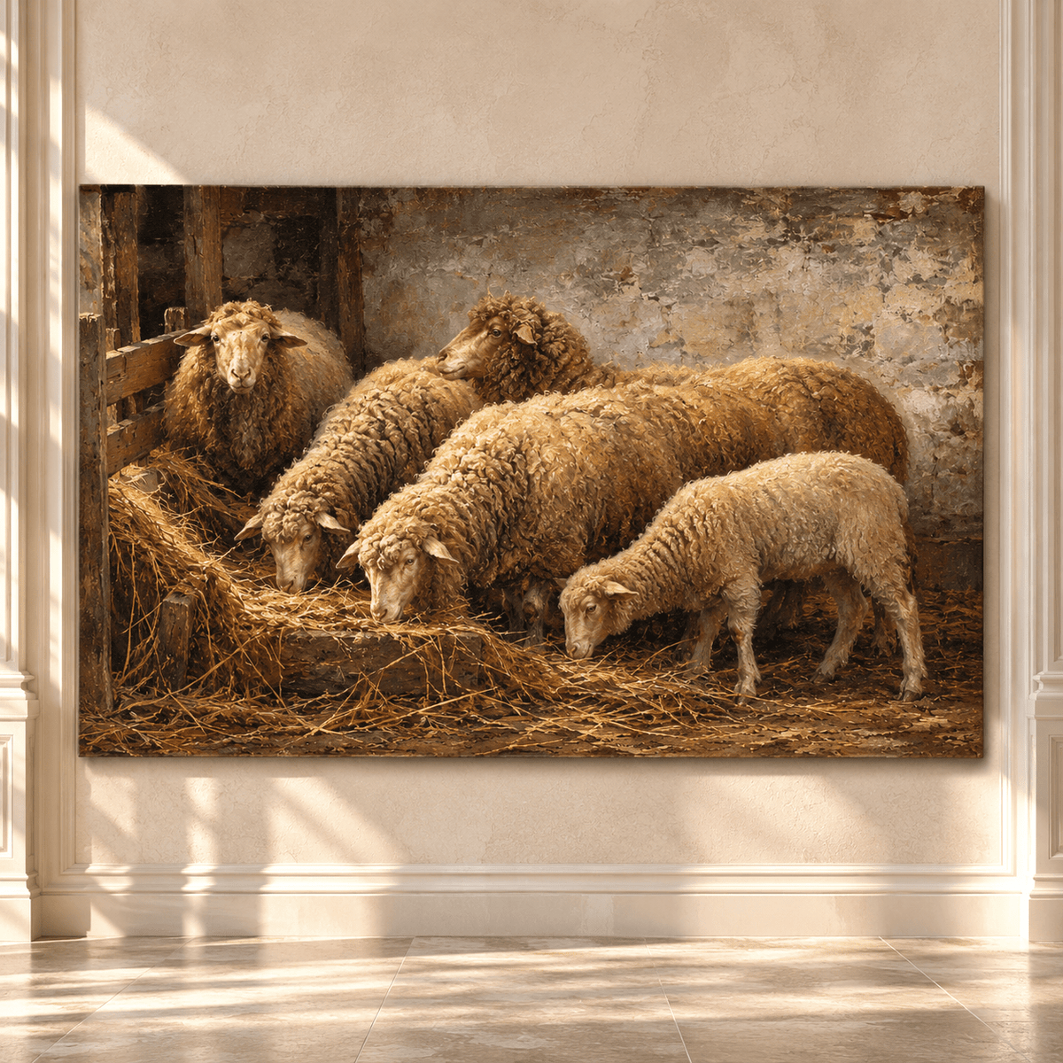 Sheep Feeding in Rustic Barn Wrapped Canvas Wall Art – Vintage Farmhouse Flock Painting