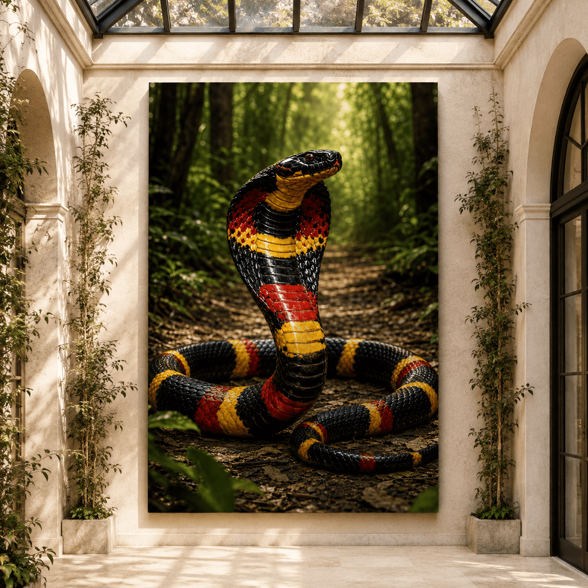 Colorful Cobra Snake Wrapped Canvas Wall Art – Red Yellow &amp; Black Jungle Serpent Print - ART OF ROYALS