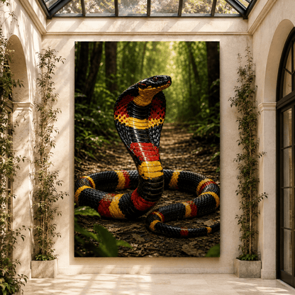 Colorful Cobra Snake Wrapped Canvas Wall Art – Red Yellow &amp; Black Jungle Serpent Print - ART OF ROYALS