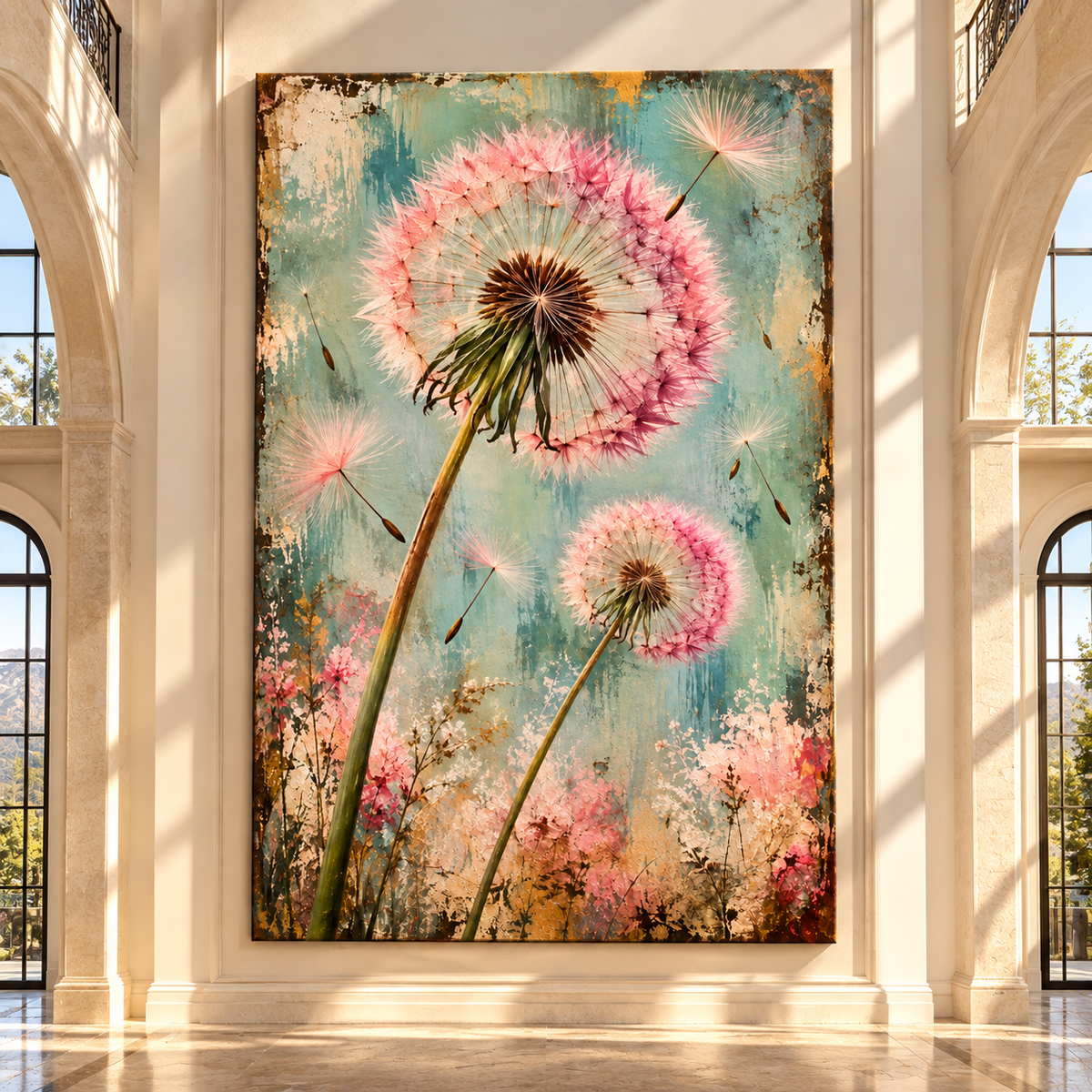Pink Dandelion Wrapped Canvas Wall Art – Vintage Botanical Wildflower Painting