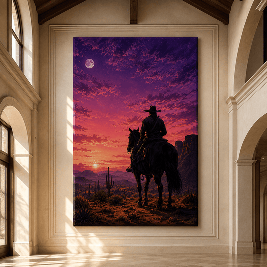 Cowboy Riding Horse at Purple Sunset Wrapped Canvas Wall Art – Western Desert Moon Landscape Print - ART OF ROYALS