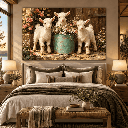 Three Baby Goats with Wildflowers Wrapped Canvas Wall Art – Rustic Farmhouse Kid Goat Painting