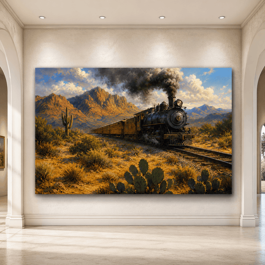Vintage Steam Train Through Southwestern Desert Wrapped Canvas Wall Art – Western Railroad Landscape Print - ART OF ROYALS