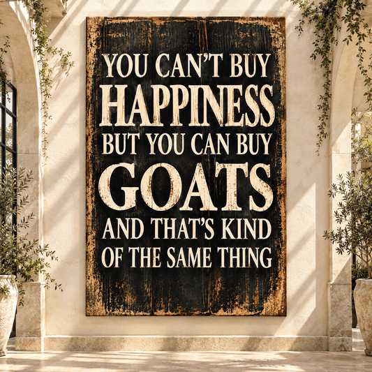 Funny Goat Quote Wrapped Canvas Wall Art – “You Can’t Buy Happiness, But You Can Buy Goats” Farmhouse Decor - ART OF ROYALS