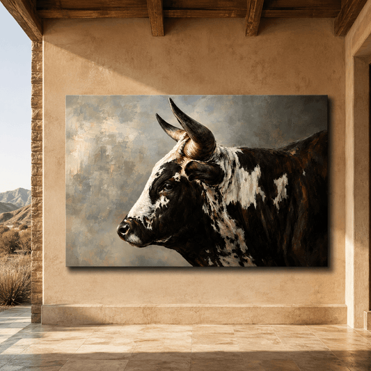 Black and White Bull Profile Wrapped Canvas Wall Art – Textured Oil Painting Print - ART OF ROYALS