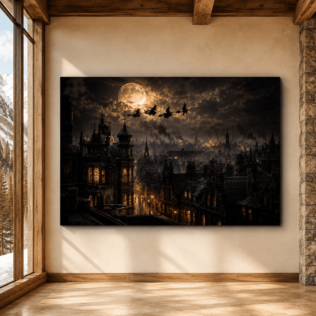 Witches Flying Over Gothic City Under Full Moon Wrapped Canvas Wall Art – Dark Halloween Fantasy Print - ART OF ROYALS