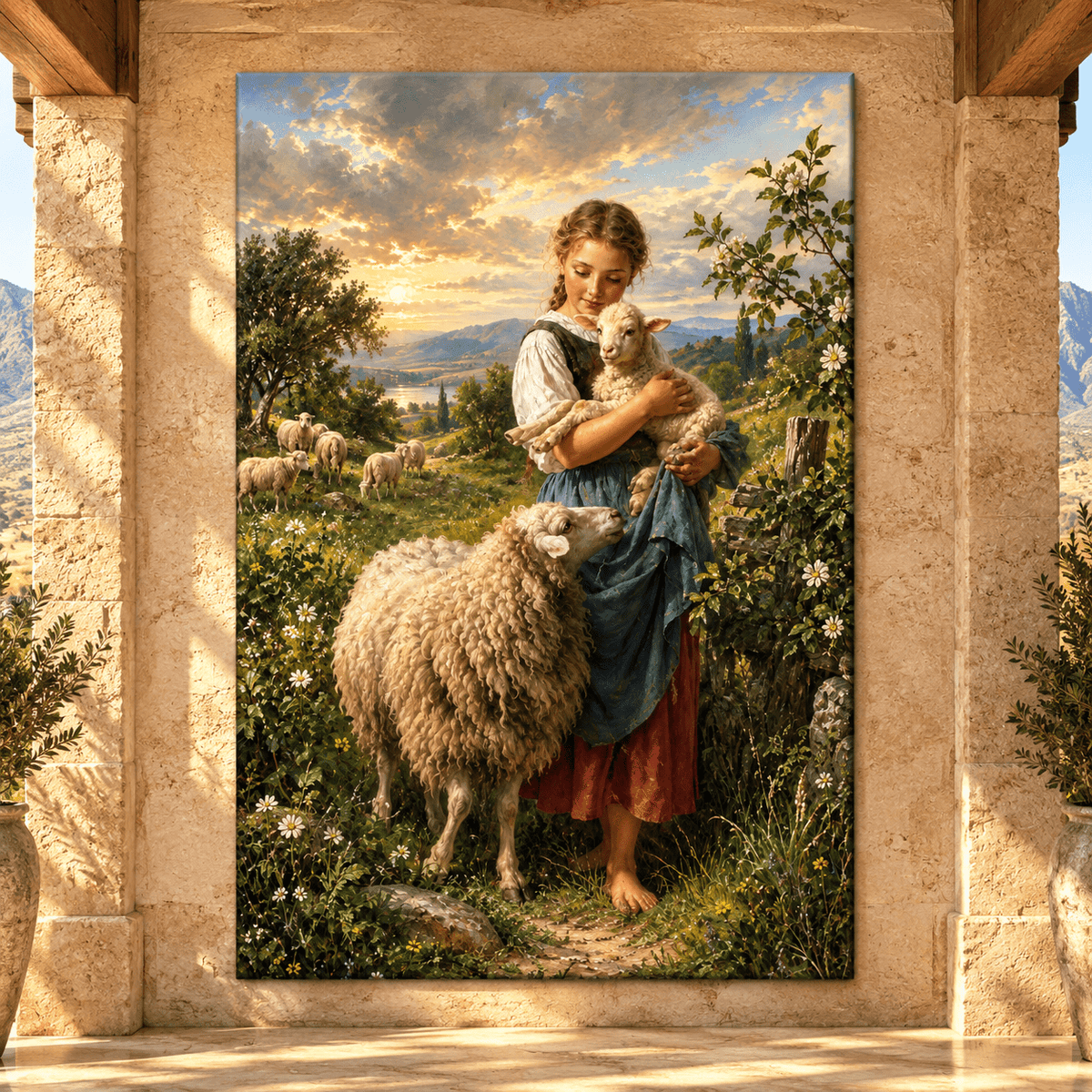 Shepherd Girl Holding Lamb Wrapped Canvas Wall Art – Pastoral Sheep & Countryside Painting - ART OF ROYALS