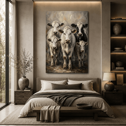 Five White Cows Wrapped Canvas Wall Art – Rustic Farmhouse Cattle Herd Painting Print - ART OF ROYALS