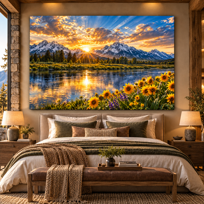 Sunflower River at Golden Sunrise Wrapped Canvas Wall Art – Grand Teton Mountain Landscape Print