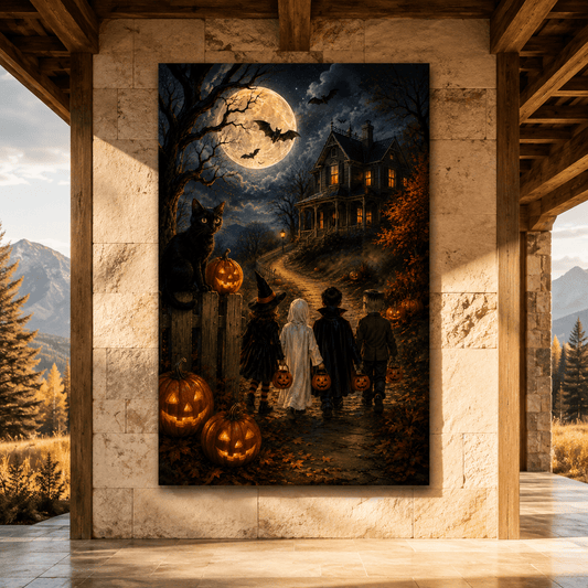 Trick-or-Treaters Walking to a Haunted House Wrapped Canvas Wall Art – Vintage Halloween Night Print - ART OF ROYALS