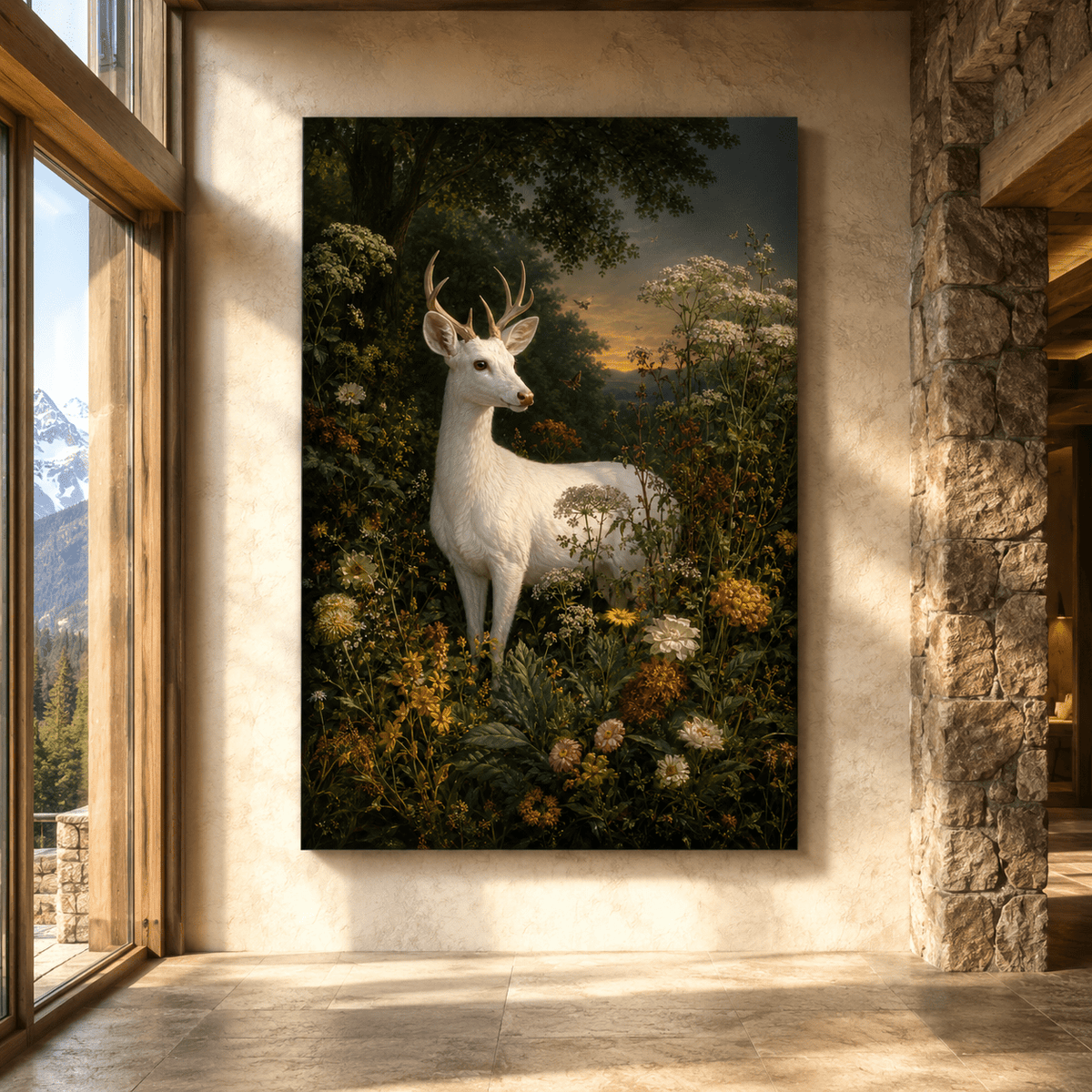White Deer in Wildflower Garden Wrapped Canvas Wall Art – Botanical Fine Art Print - ART OF ROYALS