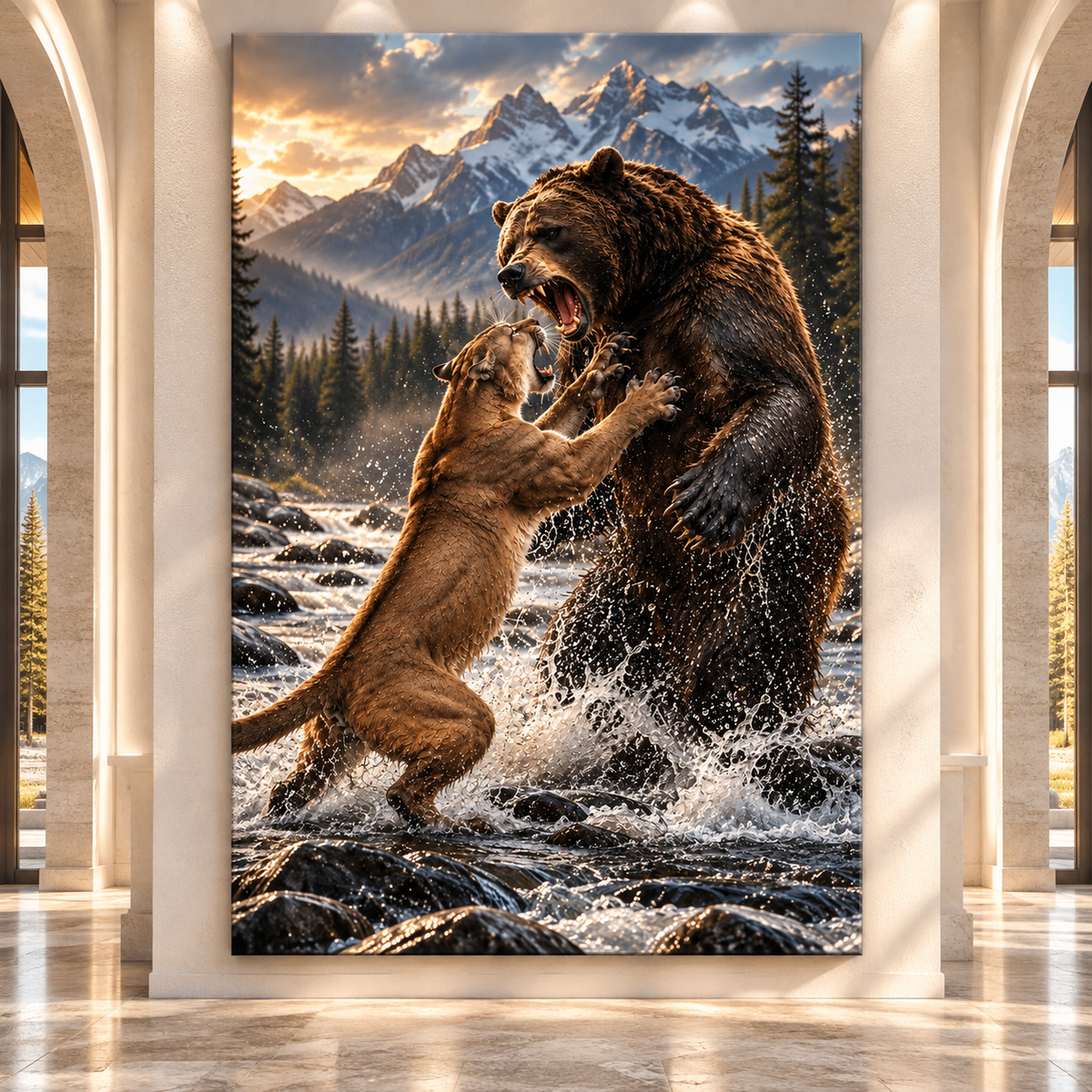 Grizzly Bear Fighting Mountain Lion Wrapped Canvas Wall Art – Dramatic Wildlife Battle Print