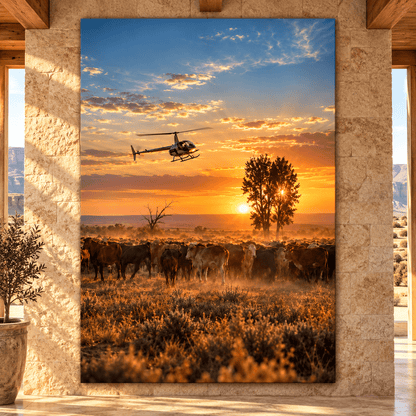 Helicopter Herding Cattle at Sunset Wrapped Canvas Wall Art – Golden Ranch Aviation Landscape Print - ART OF ROYALS