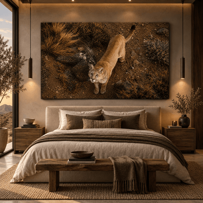 Mountain Lion Looking Up Wrapped Canvas Wall Art – Overhead Cougar Wildlife Landscape Print - ART OF ROYALS