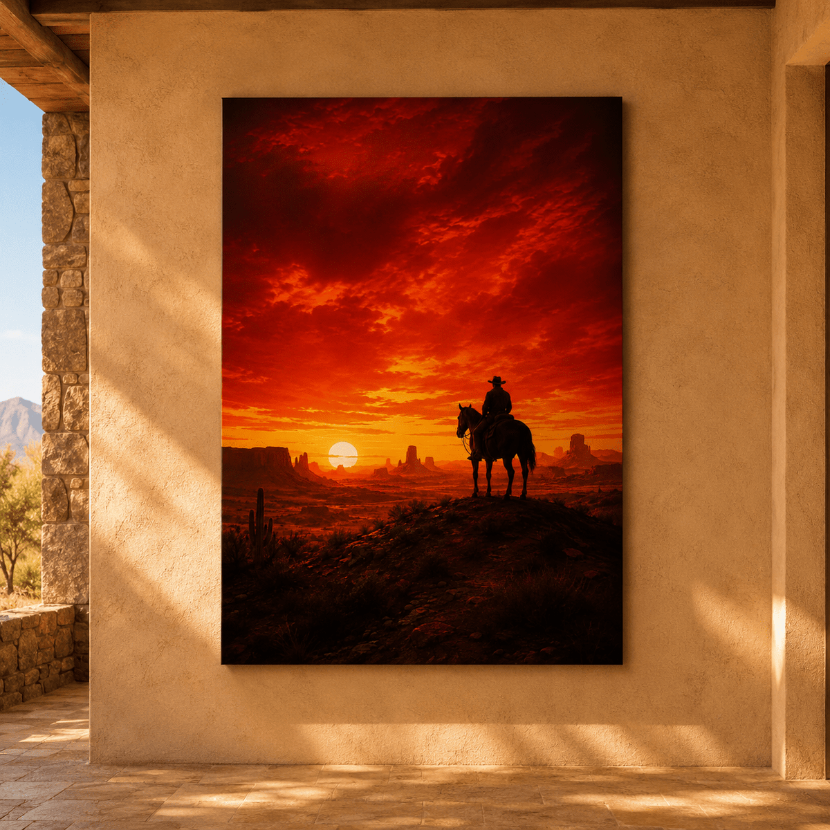 Lone Cowboy at Fiery Red Sunset Wrapped Canvas Wall Art – Western Horse & Desert Landscape Print - ART OF ROYALS