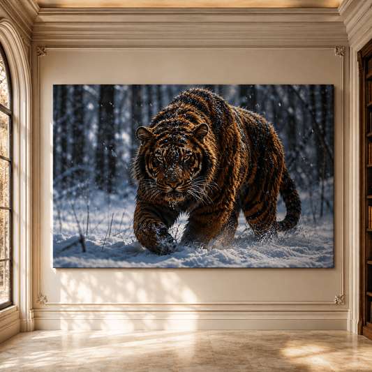Tiger Walking Through Snow Wrapped Canvas Wall Art – Powerful Winter Wildlife Forest Print - ART OF ROYALS
