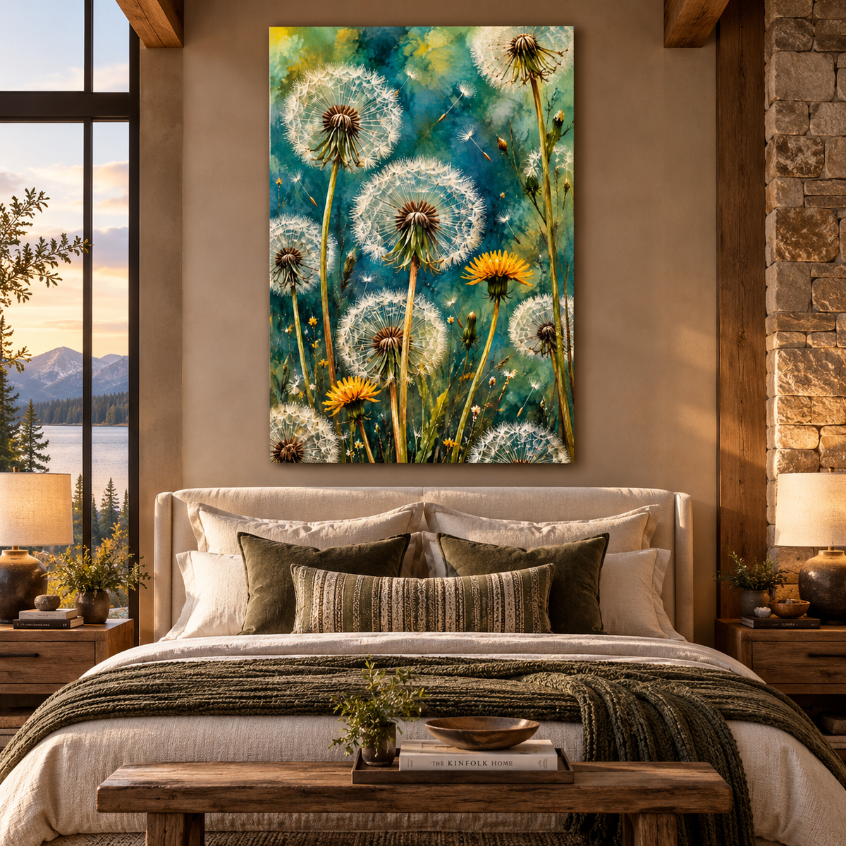 Teal Dandelion Wrapped Canvas Wall Art – Golden Yellow Wildflower Botanical Painting