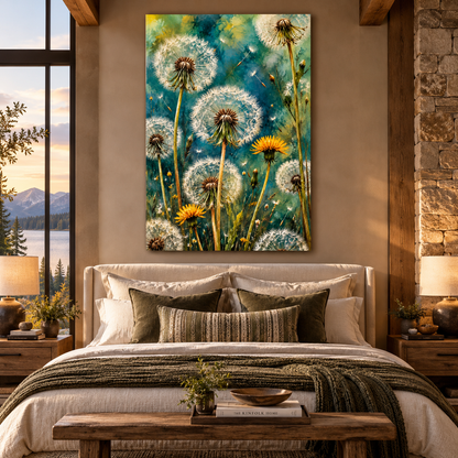 Teal Dandelion Wrapped Canvas Wall Art – Golden Yellow Wildflower Botanical Painting