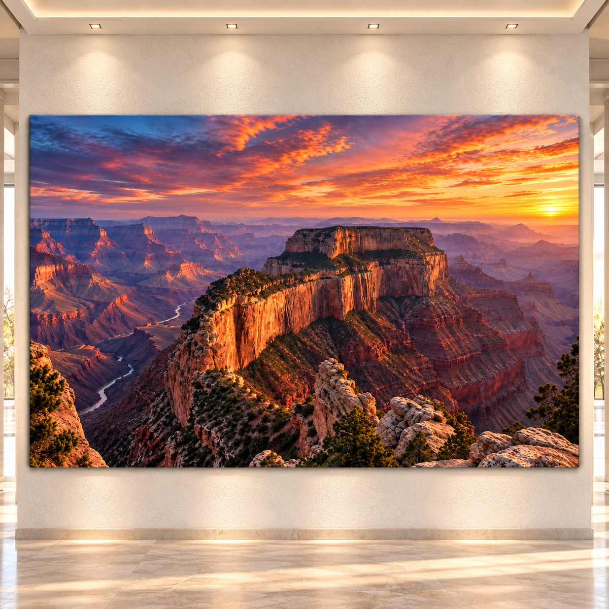 Grand Canyon at Fiery Sunset Wrapped Canvas Wall Art – Majestic Southwest Canyon Landscape Print
