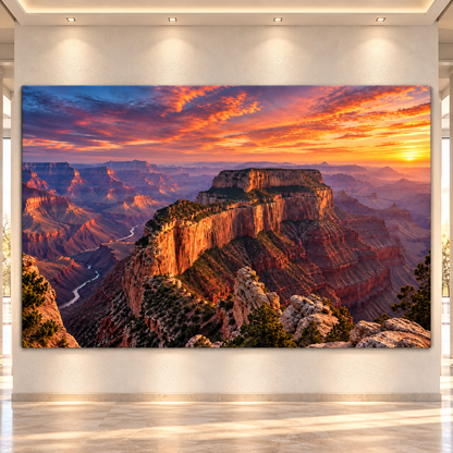 Grand Canyon at Fiery Sunset Wrapped Canvas Wall Art – Majestic Southwest Canyon Landscape Print