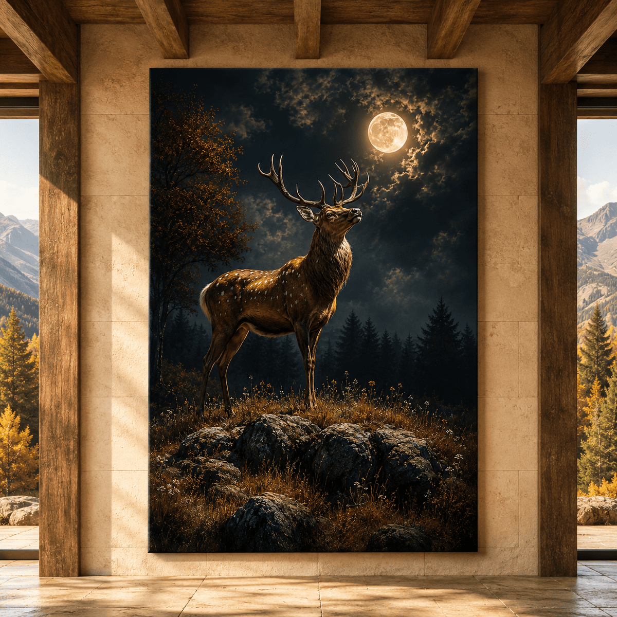 Elk Beneath the Full Moon Wrapped Canvas Wall Art – Mystical Nighttime Wildlife Print - ART OF ROYALS