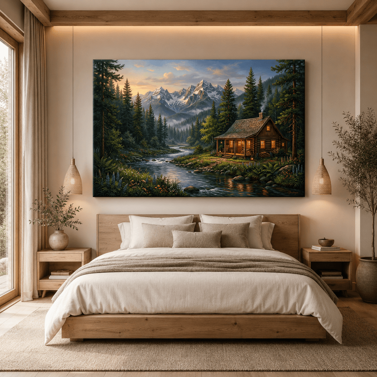 Alpine Serenity Cabin Canvas Wall Art – Cozy Mountain Cabin & River Landscape Decor - ART OF ROYALS