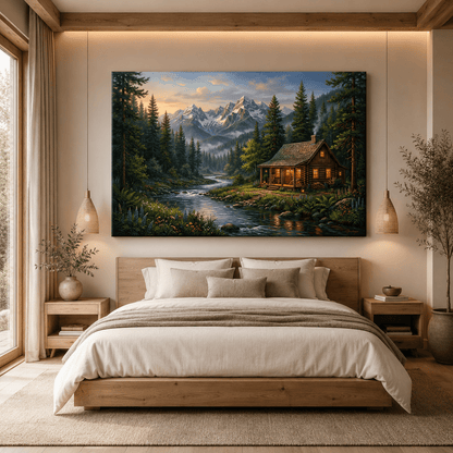Alpine Serenity Cabin Canvas Wall Art – Cozy Mountain Cabin & River Landscape Decor - ART OF ROYALS