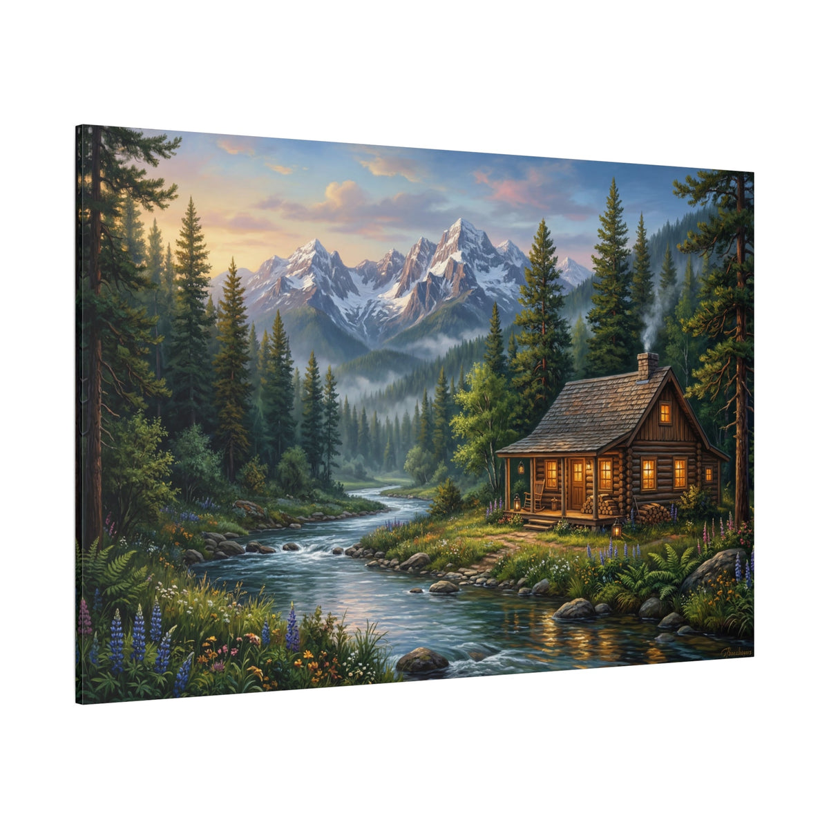 Alpine Serenity Cabin Canvas Wall Art – Cozy Mountain Cabin & River Landscape Decor - ART OF ROYALS