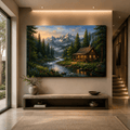 Alpine Serenity Cabin Canvas Wall Art – Cozy Mountain Cabin & River Landscape Decor