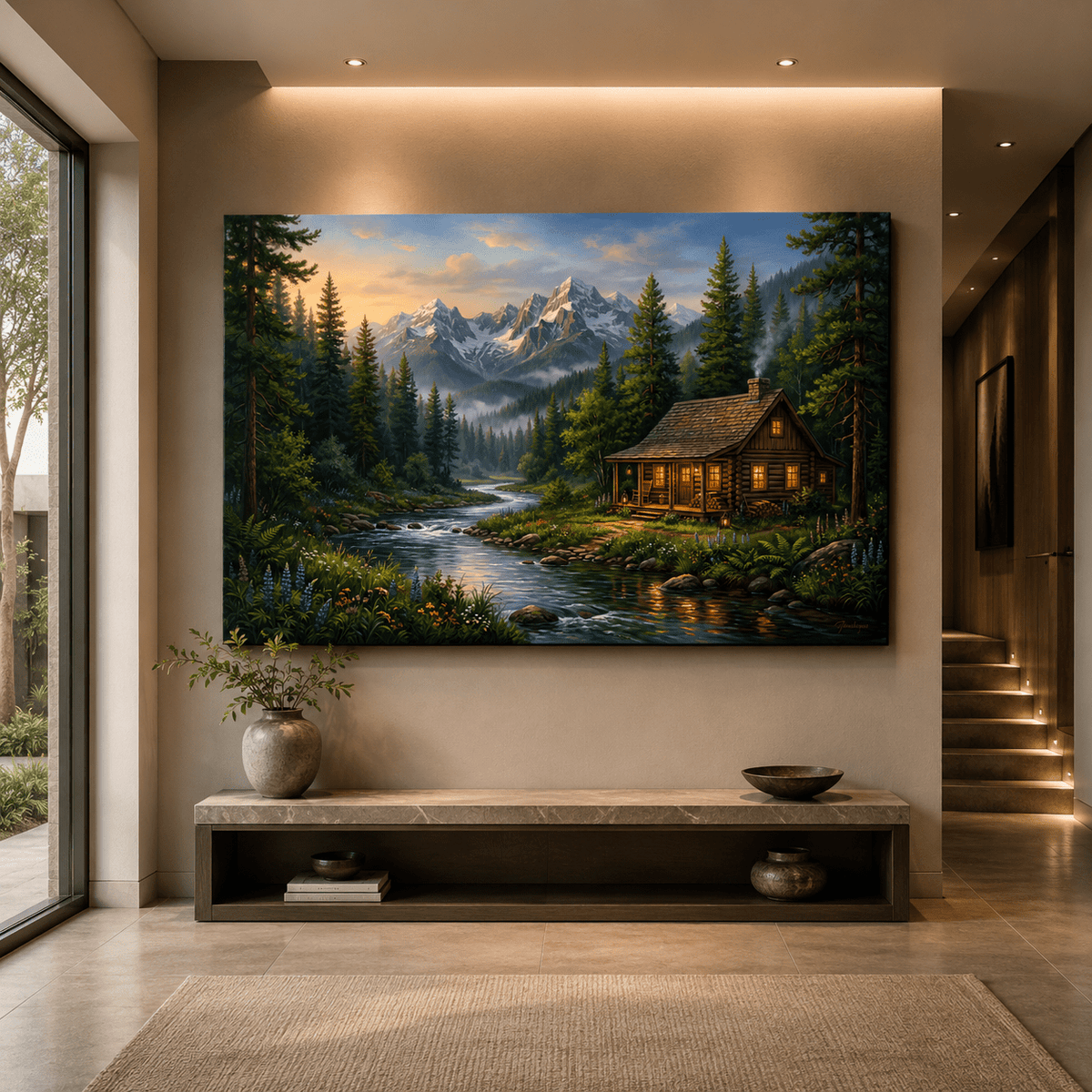 Alpine Serenity Cabin Canvas Wall Art – Cozy Mountain Cabin & River Landscape Decor - ART OF ROYALS