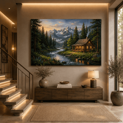 Alpine Serenity Cabin Canvas Wall Art – Cozy Mountain Cabin & River Landscape Decor - ART OF ROYALS