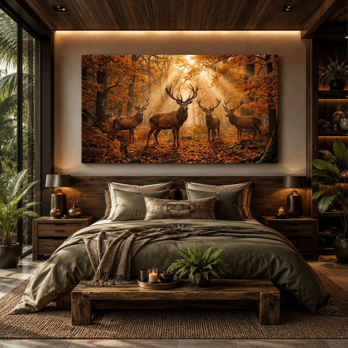 Autumn Majesty Stag Herd in Golden Forest Canvas Wall Art – Majestic Deer Woodland Decor - ART OF ROYALS