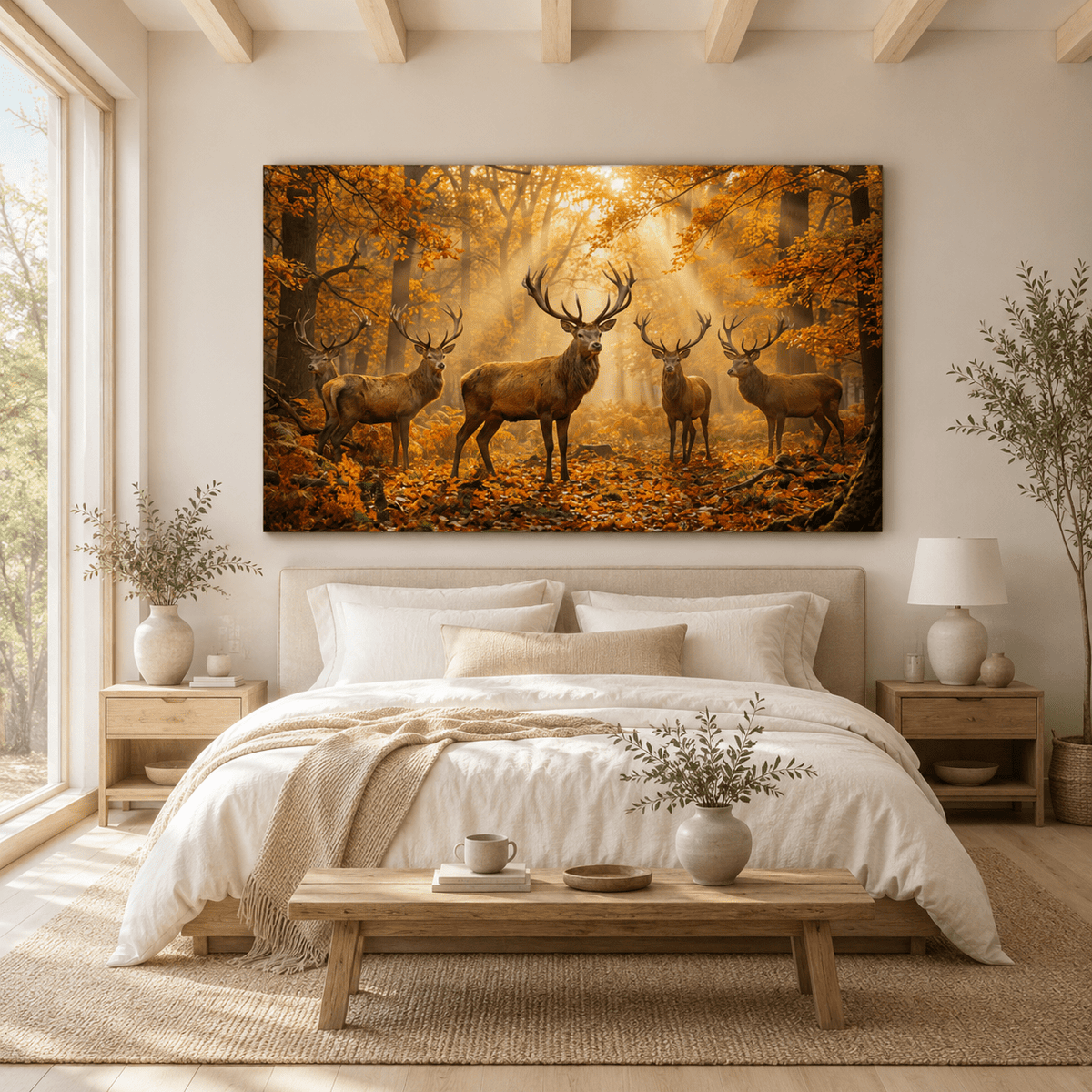 Autumn Majesty Stag Herd in Golden Forest Canvas Wall Art – Majestic Deer Woodland Decor - ART OF ROYALS