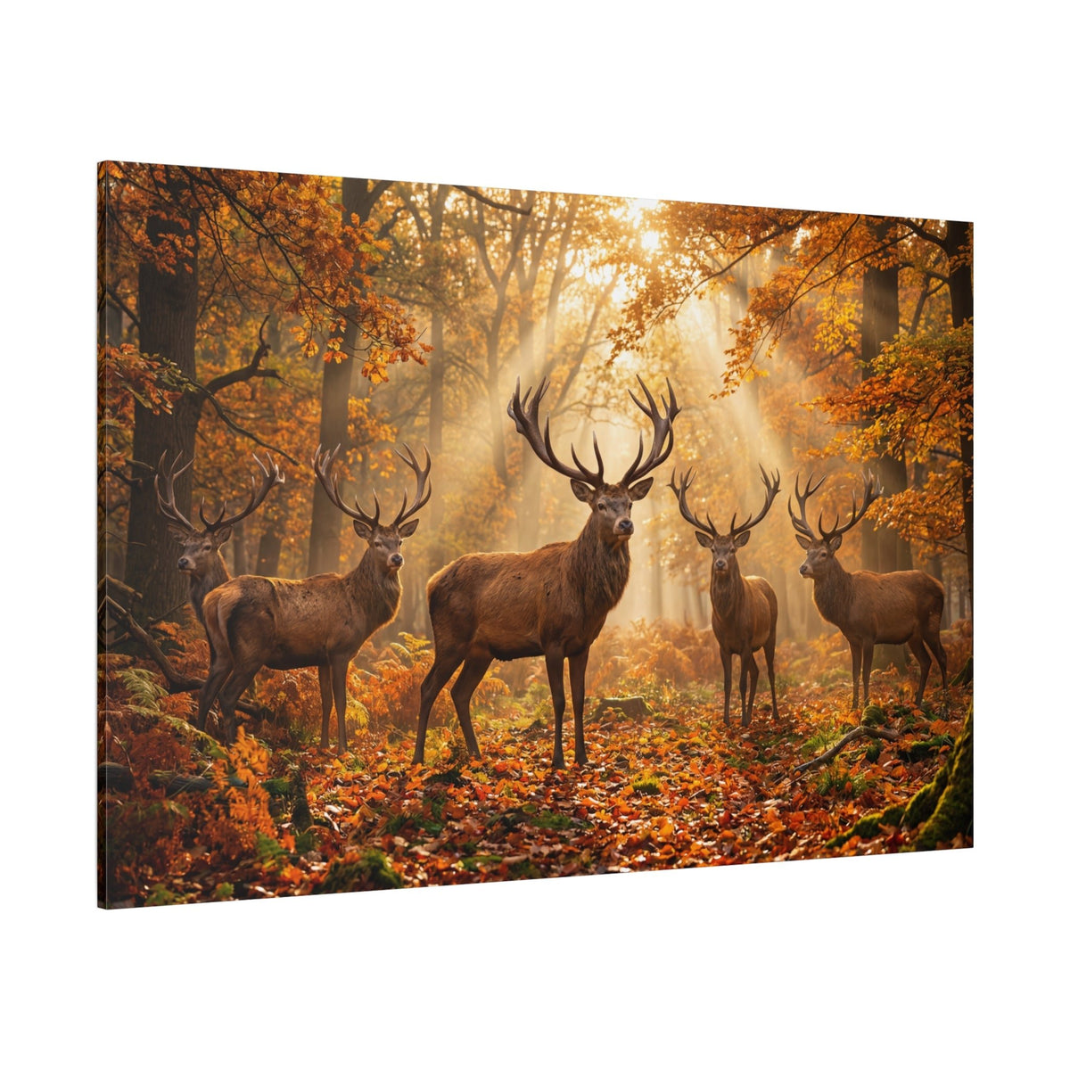 Autumn Majesty Stag Herd in Golden Forest Canvas Wall Art – Majestic Deer Woodland Decor - ART OF ROYALS