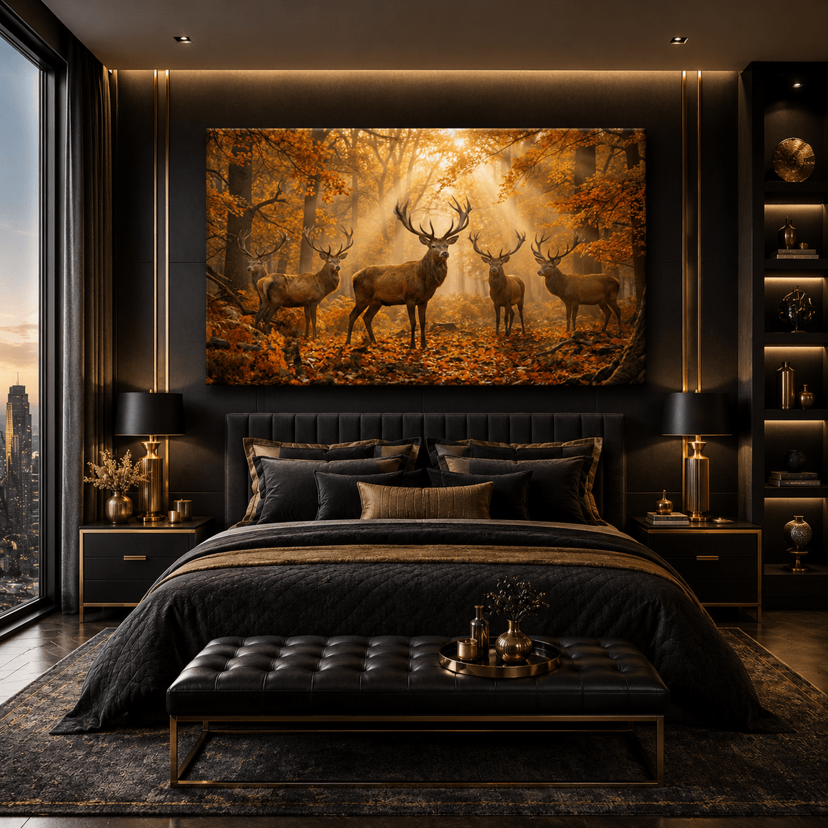 Autumn Majesty Stag Herd in Golden Forest Canvas Wall Art – Majestic Deer Woodland Decor - ART OF ROYALS