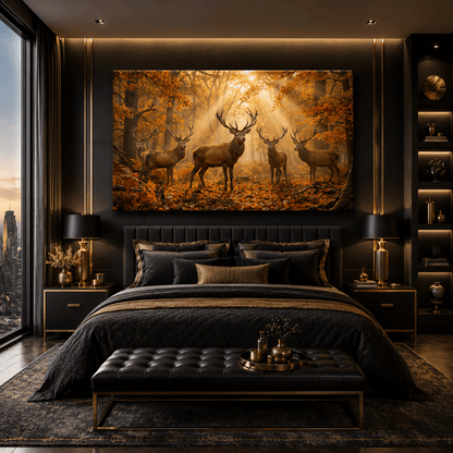 Autumn Majesty Stag Herd in Golden Forest Canvas Wall Art – Majestic Deer Woodland Decor - ART OF ROYALS