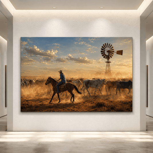 Cattle Drive at Sunset Wrapped Canvas Wall Art – Dusty Ranch Windmill Print - ART OF ROYALS