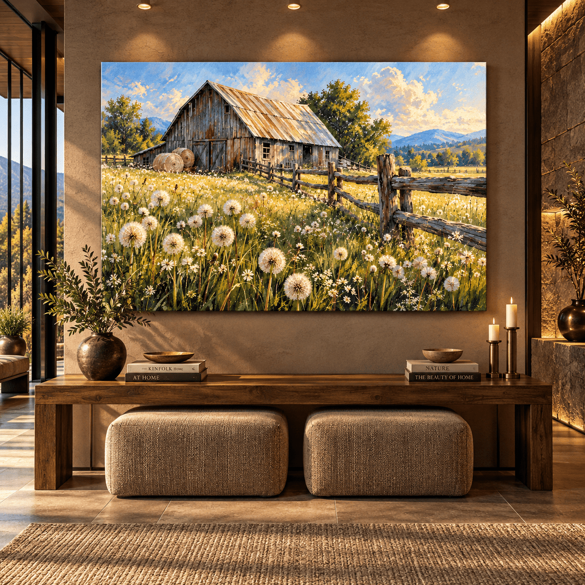 Rustic Barn & Dandelion Meadow Wrapped Canvas Wall Art – Country Farm Landscape Painting - ART OF ROYALS
