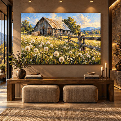 Rustic Barn & Dandelion Meadow Wrapped Canvas Wall Art – Country Farm Landscape Painting - ART OF ROYALS