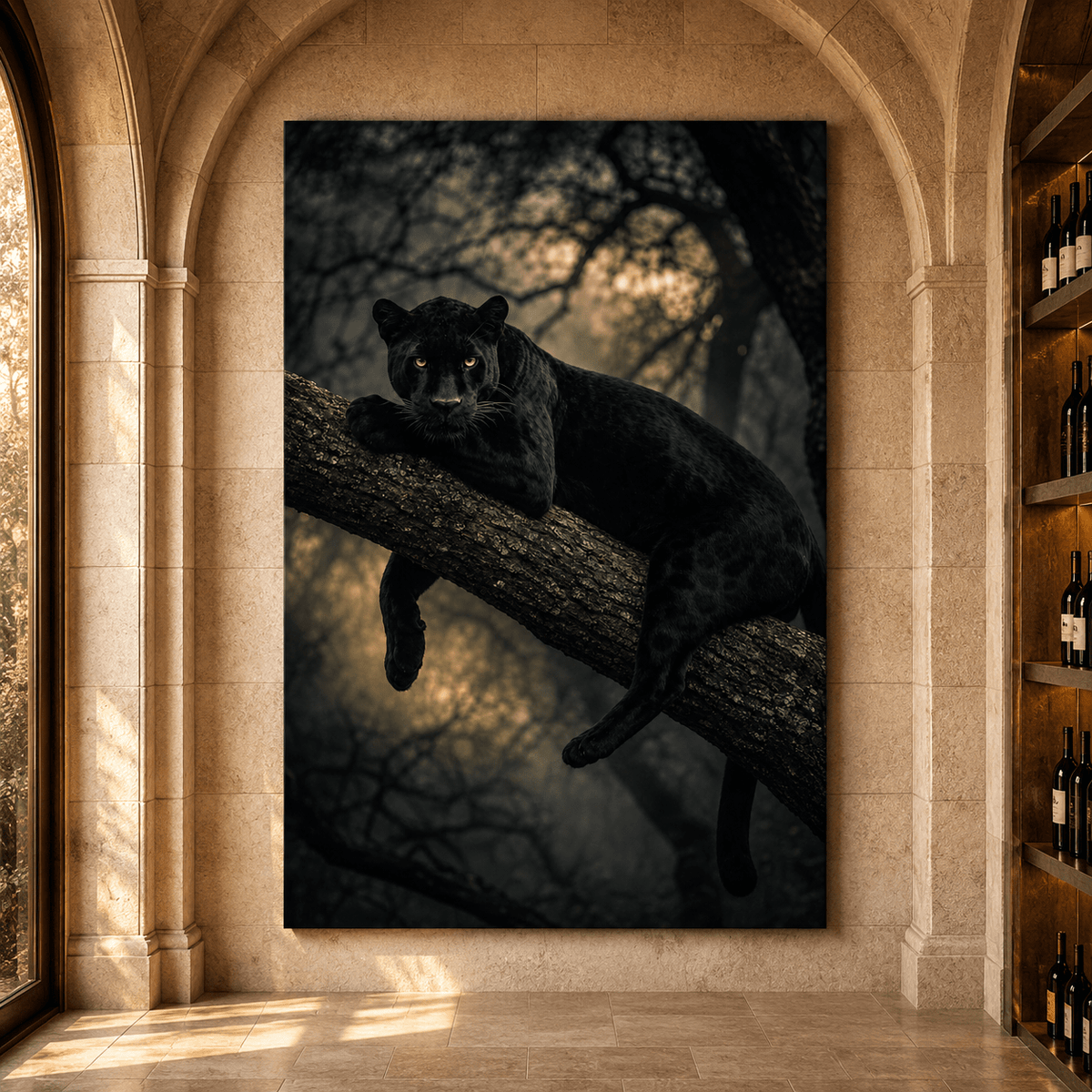 Black Panther Resting on Tree Wrapped Canvas Wall Art – Dark Jungle Big Cat Wildlife Print - ART OF ROYALS