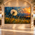 Golden Sunset Dandelion Wrapped Canvas Wall Art – Windblown Seeds & Wildflower Meadow Painting