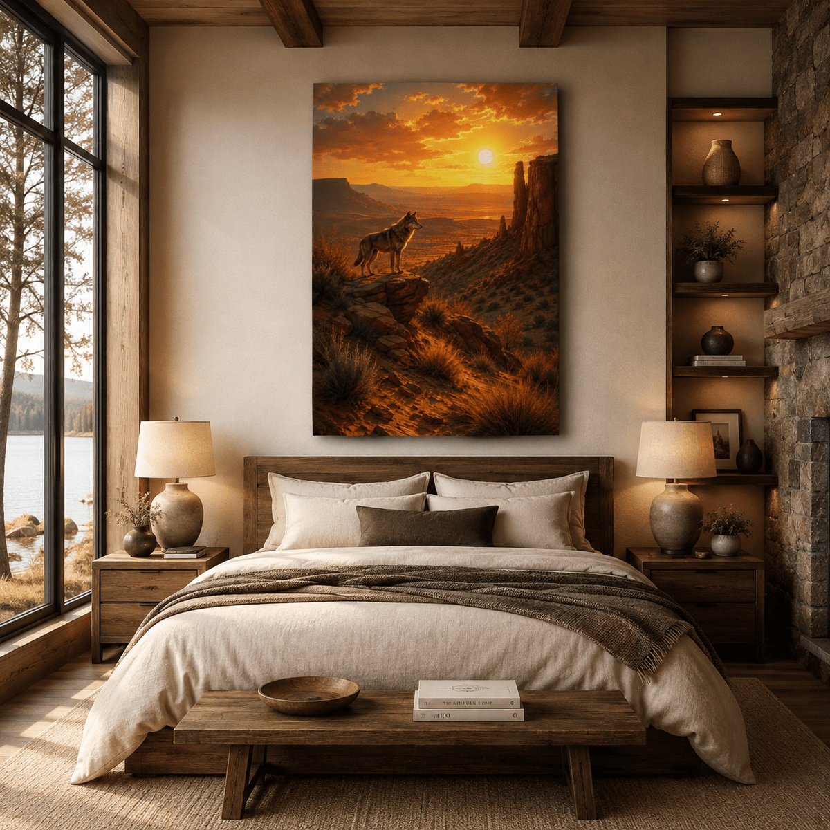 Coyote Overlooking Desert Canyon at Sunset Wrapped Canvas Wall Art – Southwestern Wildlife Landscape Print - ART OF ROYALS