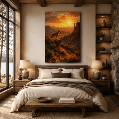 Coyote Overlooking Desert Canyon at Sunset Wrapped Canvas Wall Art – Southwestern Wildlife Landscape Print - ART OF ROYALS
