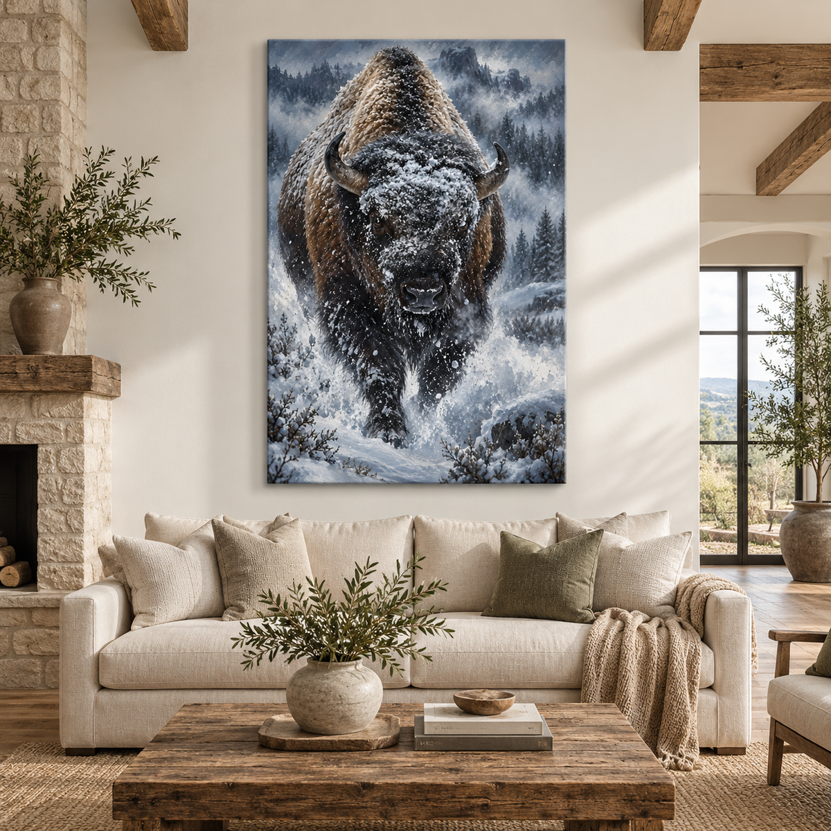 Charging Bison Through Snow Wrapped Canvas Wall Art – Dramatic Winter Buffalo Painting
