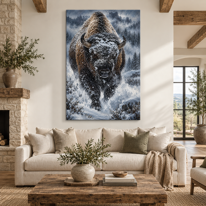 Charging Bison Through Snow Wrapped Canvas Wall Art – Dramatic Winter Buffalo Painting