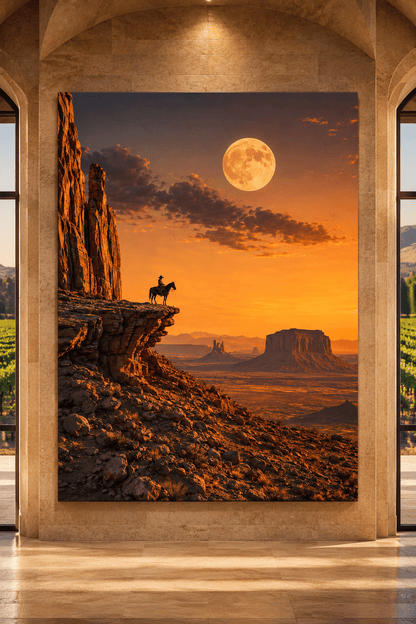 Lone Cowboy Under Full Moon Wrapped Canvas Wall Art – Monument Valley Sunset Print - ART OF ROYALS