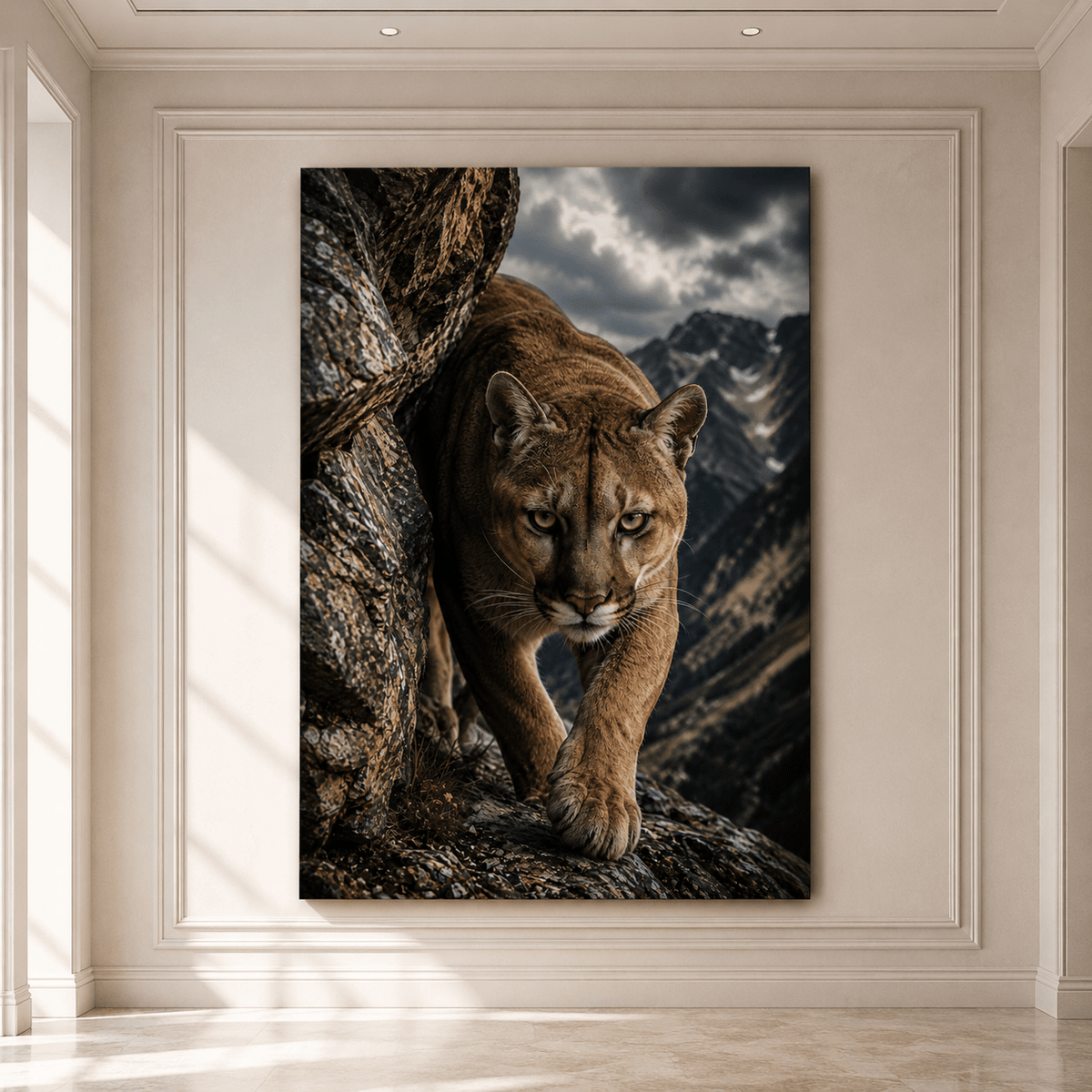 Mountain Cougar Wrapped Canvas Wall Art – Rocky Cliff Puma Wildlife Portrait Print - ART OF ROYALS