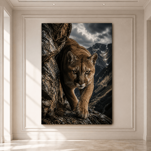 Mountain Cougar Wrapped Canvas Wall Art – Rocky Cliff Puma Wildlife Portrait Print - ART OF ROYALS