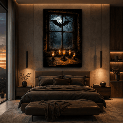 Gothic Bat at Moonlit Window Wrapped Canvas Wall Art – Dark Halloween Candlelight Print - ART OF ROYALS